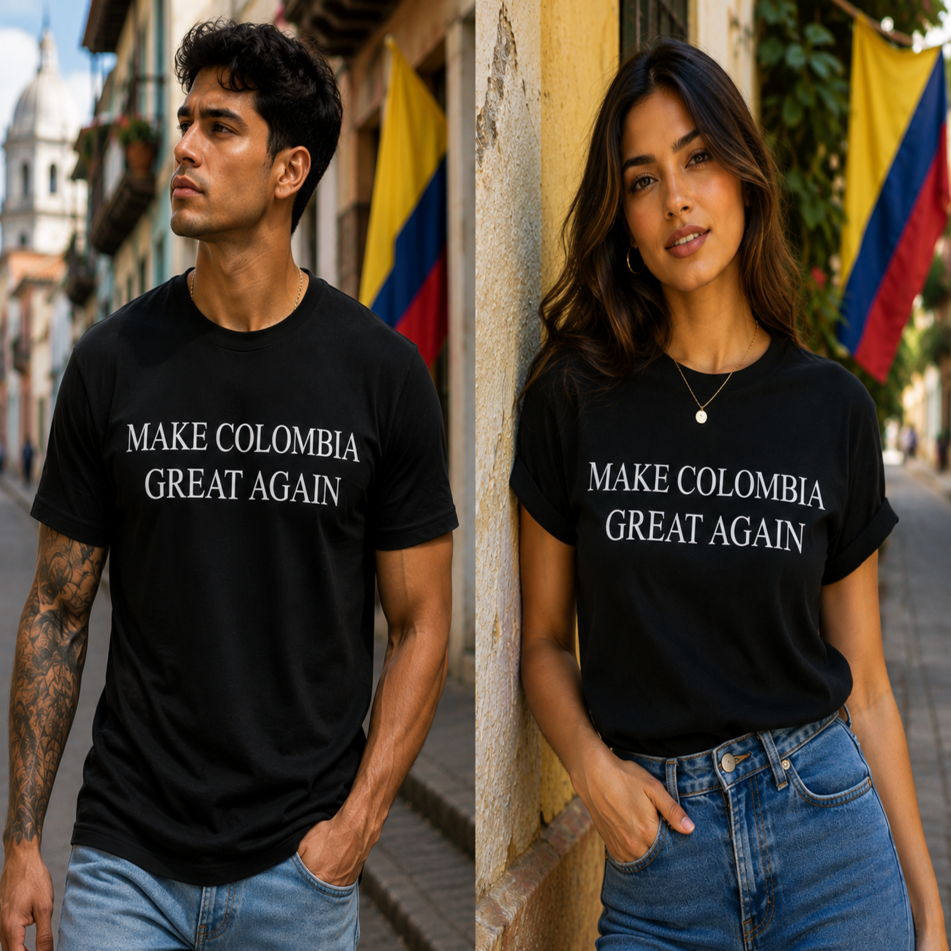 Two models wearing matching black graphic t-shirts with the slogan 'MAKE COLOMBIA GREAT AGAIN' printed in white capital letters. The left model is a man with tattoos wearing light blue jeans, and the right model is a woman wearing blue jeans.