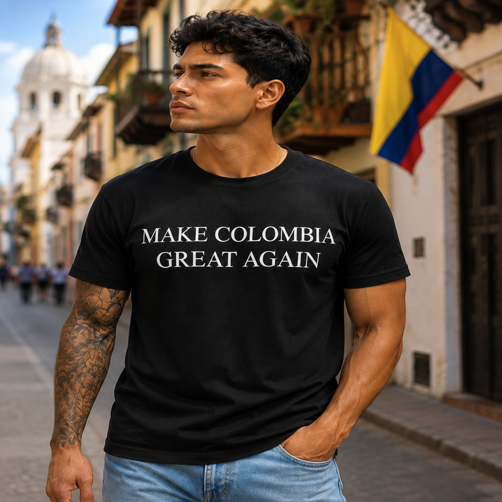 A man wearing a black t-shirt with the text 'MAKE COLOMBIA GREAT AGAIN' in white capital letters, standing on a city street with a Colombian flag in the background.
