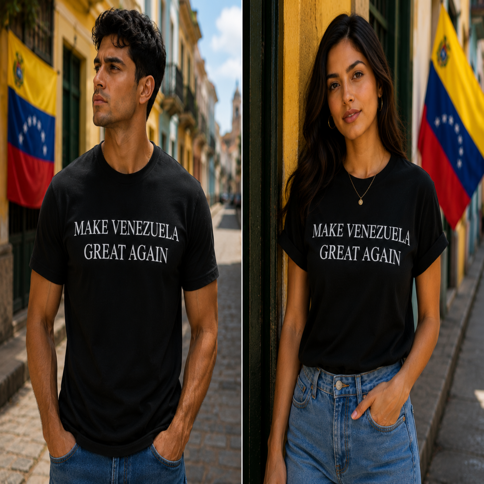 A split-screen lifestyle image showing a man and a woman wearing matching black graphic t-shirts with the white text 'MAKE VENEZUELA GREAT AGAIN'. The background of both photos features colonial-style buildings and Venezuelan flags.