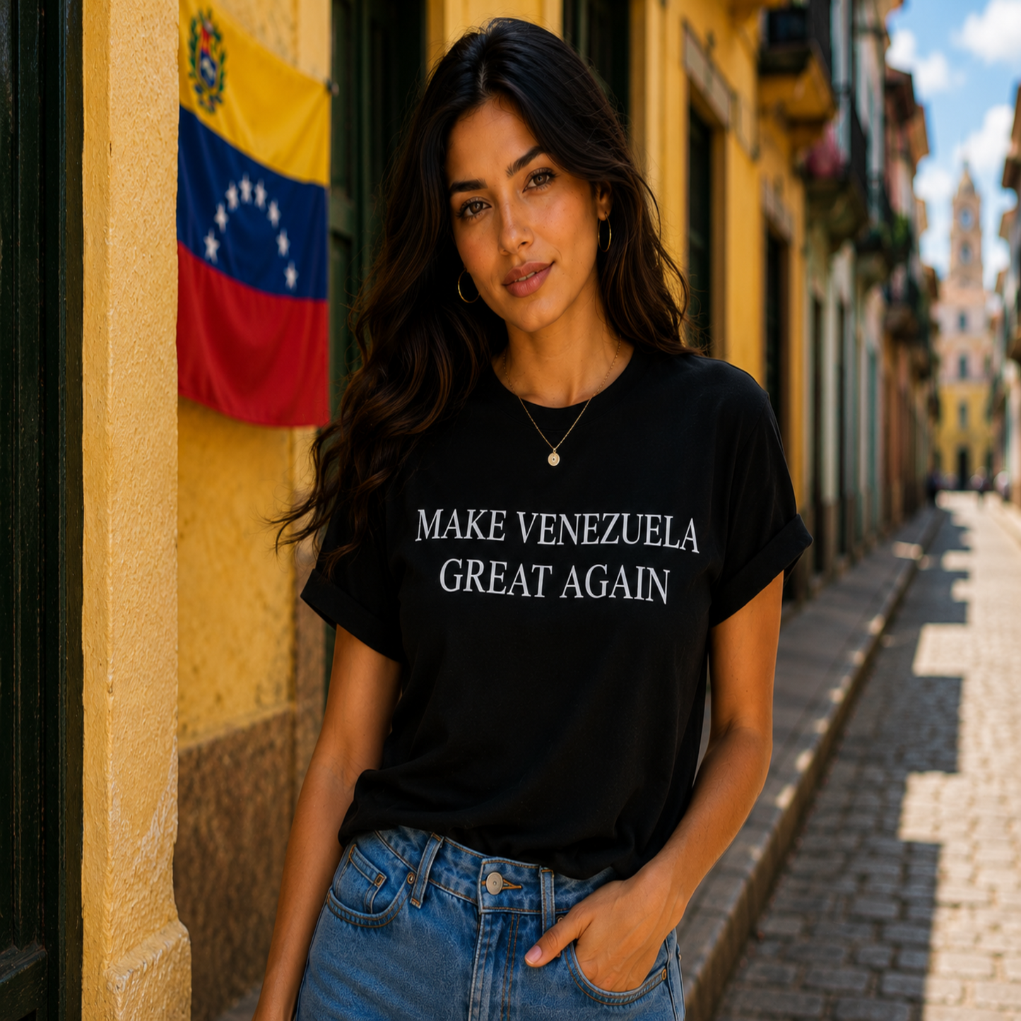 A woman stands on a cobblestone street wearing a black graphic T-shirt with the text 'MAKE VENEZUELA GREAT AGAIN' in white. A Venezuelan flag hangs on the yellow building beside her.