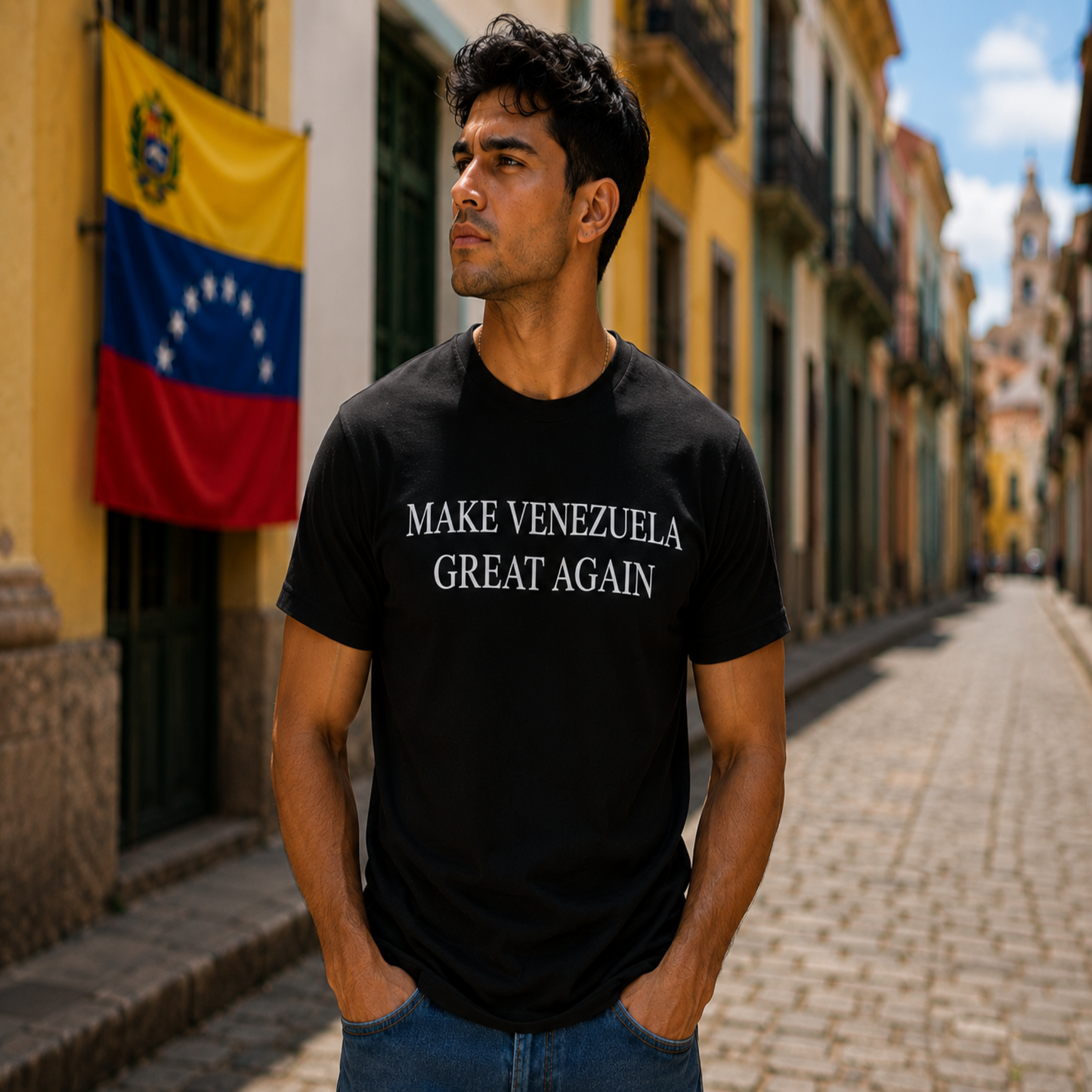 A man wearing a black t-shirt with the text 'MAKE VENEZUELA GREAT AGAIN' in white capital letters, standing on a cobblestone street in front of colorful colonial buildings and a Venezuelan flag.