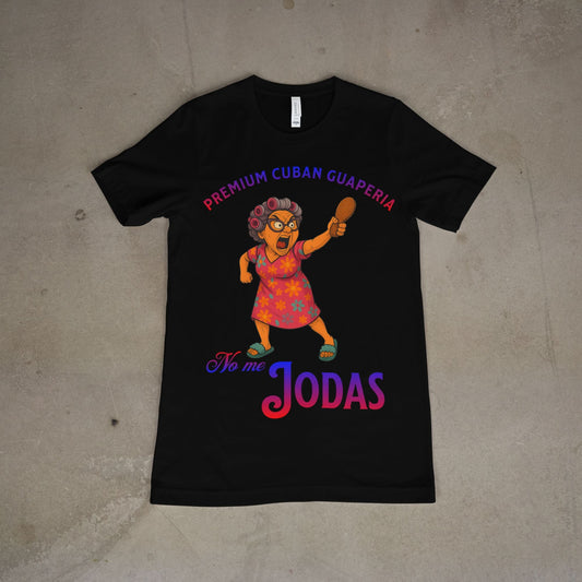 Front view of black unisex tee with “No Me Jodas” Cuban character design

