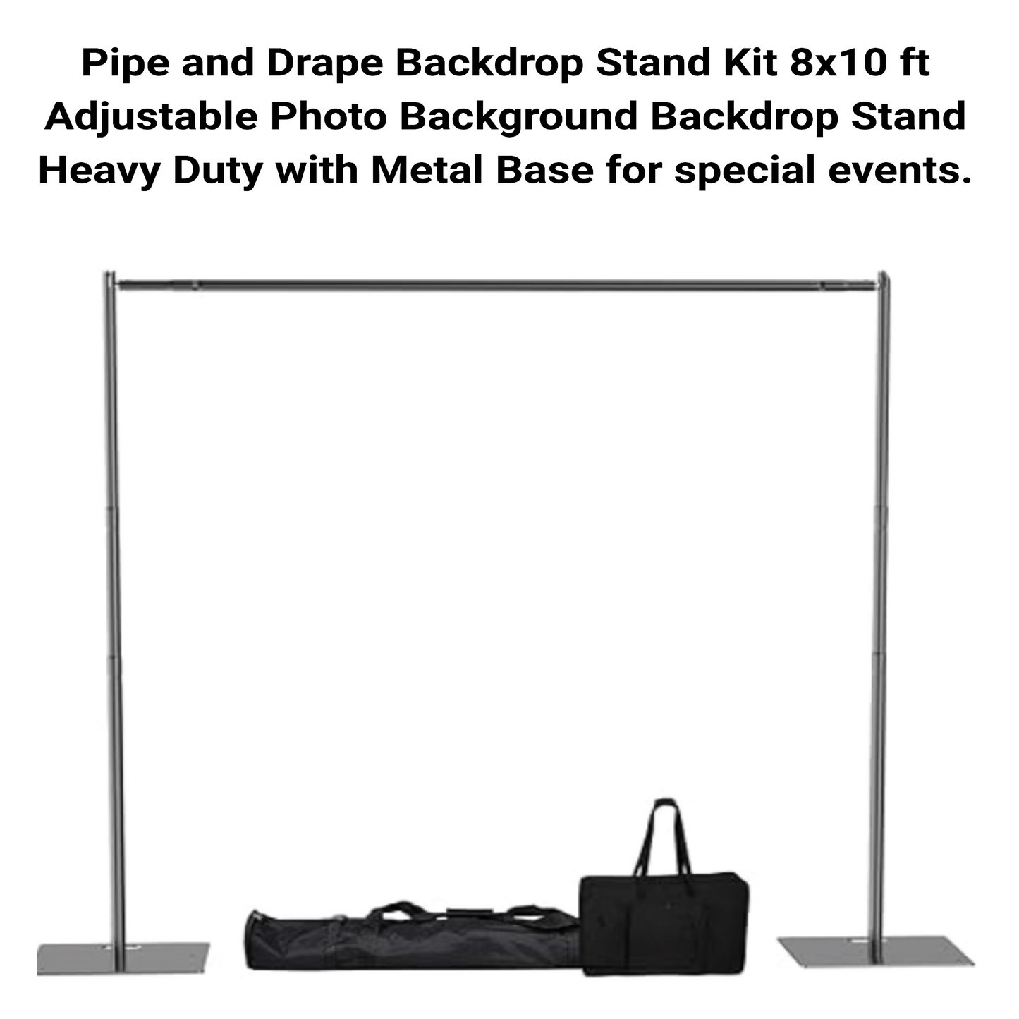 Heavy-duty 8x10 ft adjustable pipe and drape backdrop stand kit with metal base and carrying bags. Ideal for photo backdrops, trade shows, events, and step and repeat banners.