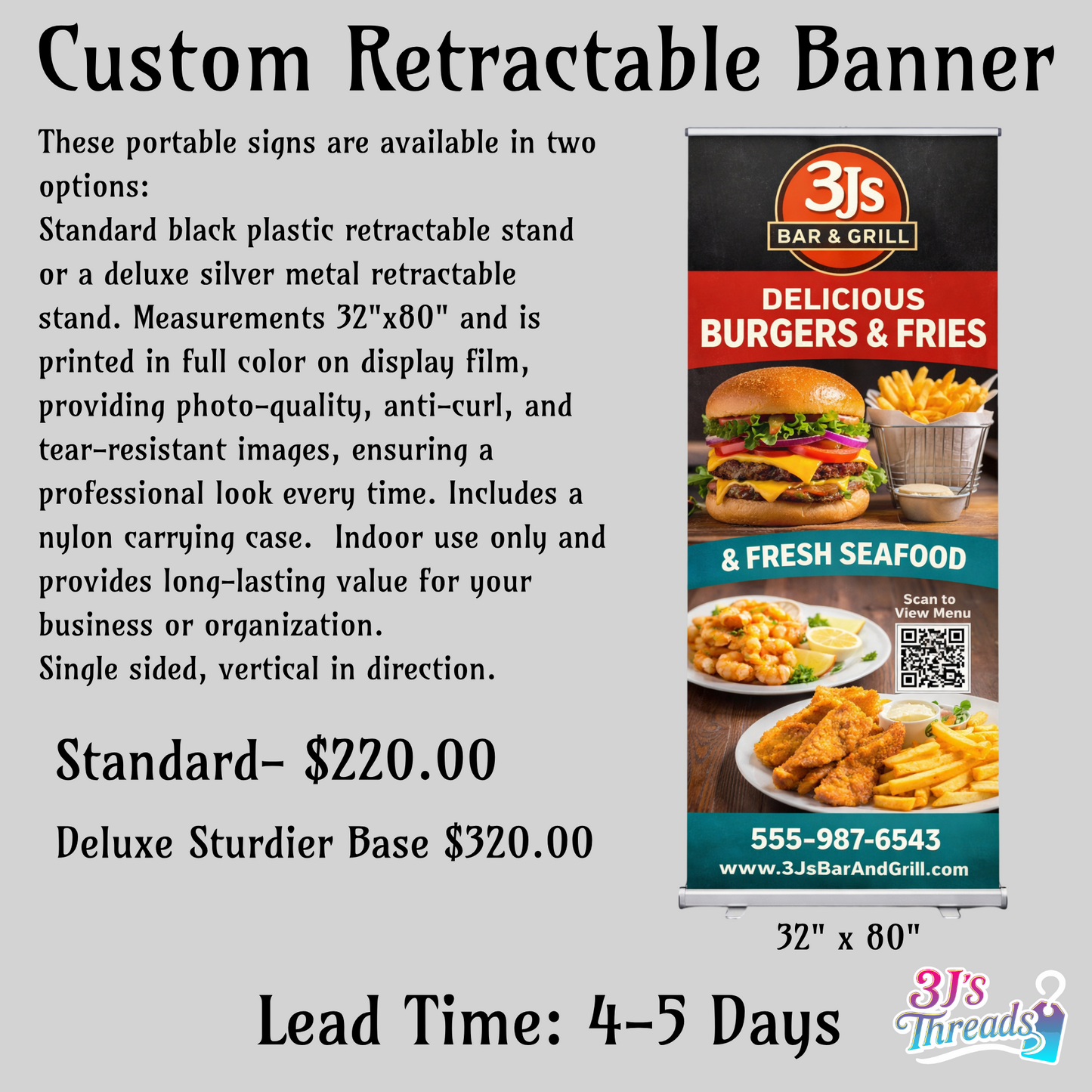 Retractable banner advertisement for 3Js Bar & Grill with burger and fries imagery on a gray background.