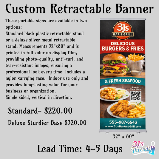 Retractable banner advertisement for 3Js Bar & Grill with burger and fries imagery on a gray background.