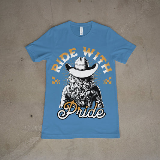 Blue “Ride with Pride” cowgirl graphic t-shirt with western font and cowboy hat artwork