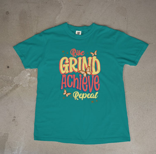 3J's Threads & Treasures-Motivational Typography Graphic Tee- Rise, Grind, Achieve, Repeat