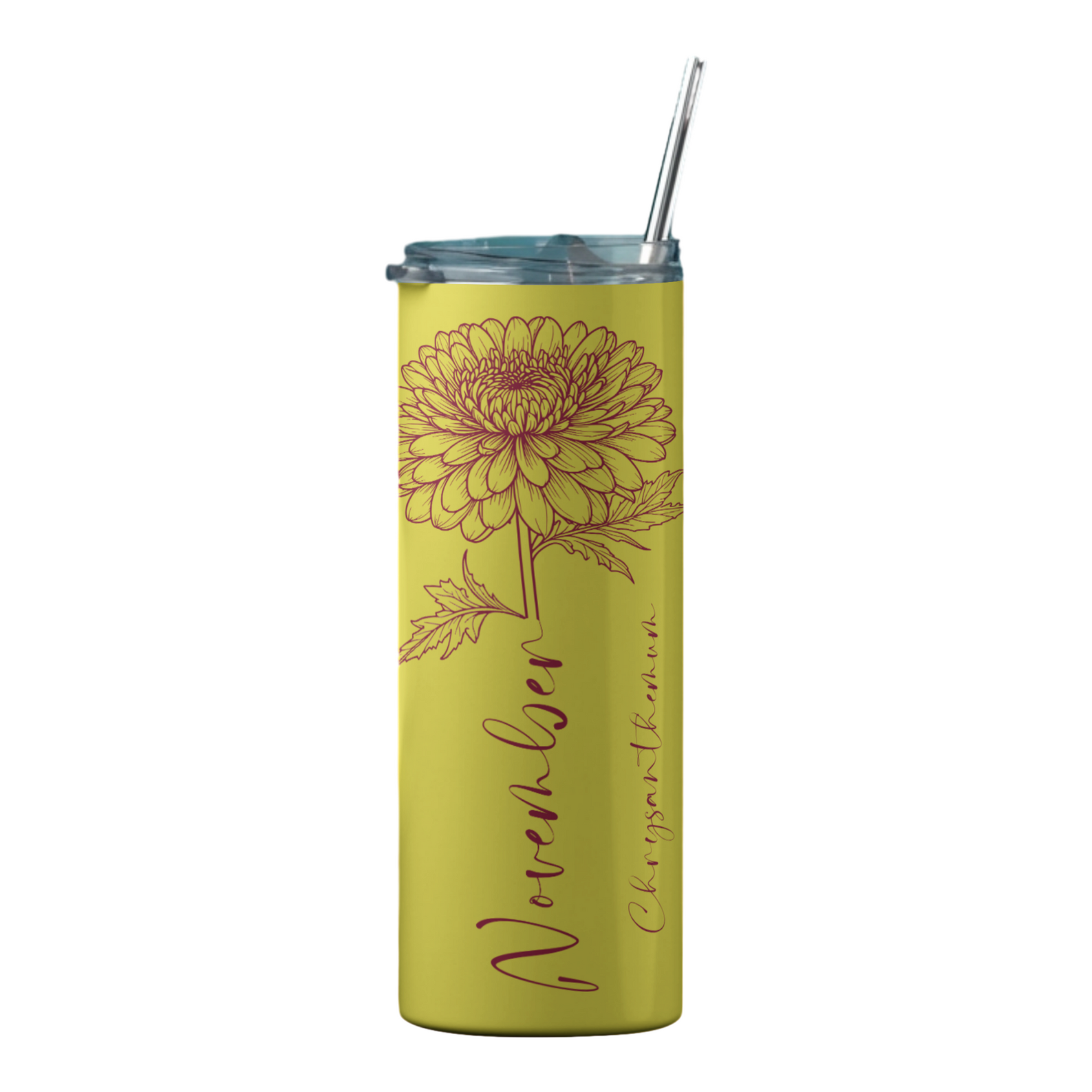 Yellow tumbler with floral design and text. November flower, Chrysanthemum