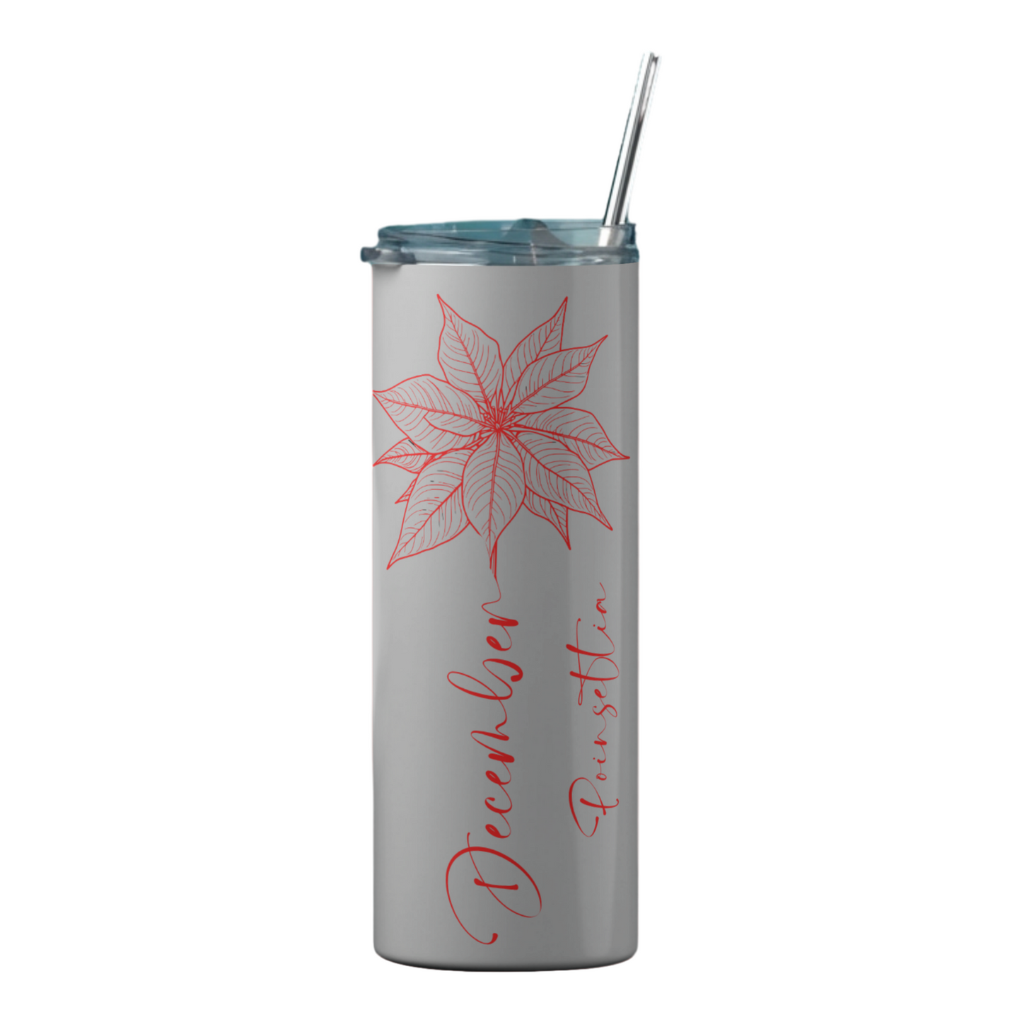 Gray tumbler with red poinsettia design and 'December Poinsettia' text on a white background