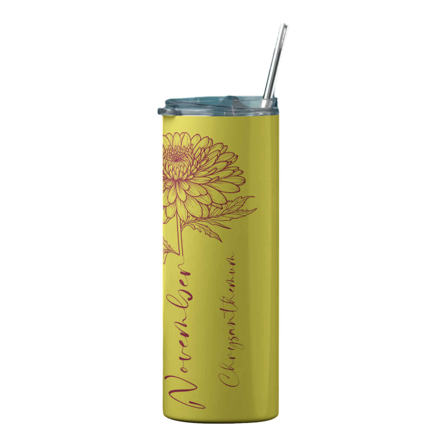 Yellow tumbler featuring the month November and the flower Chrysanthemum.