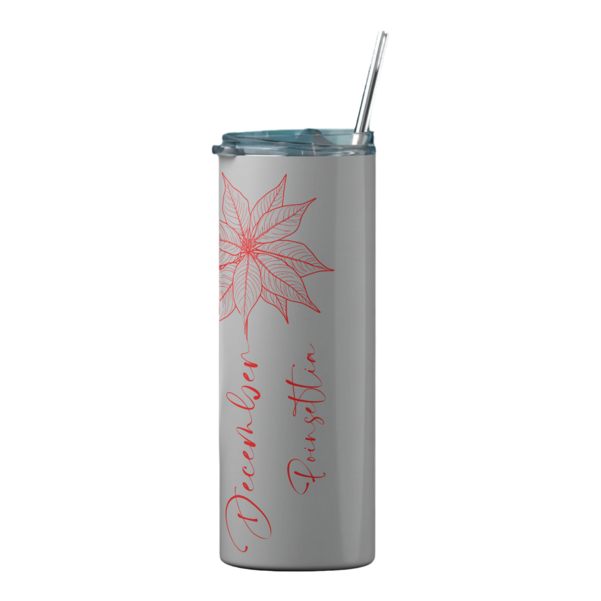 Gray tumbler with pink floral design and text on a white background