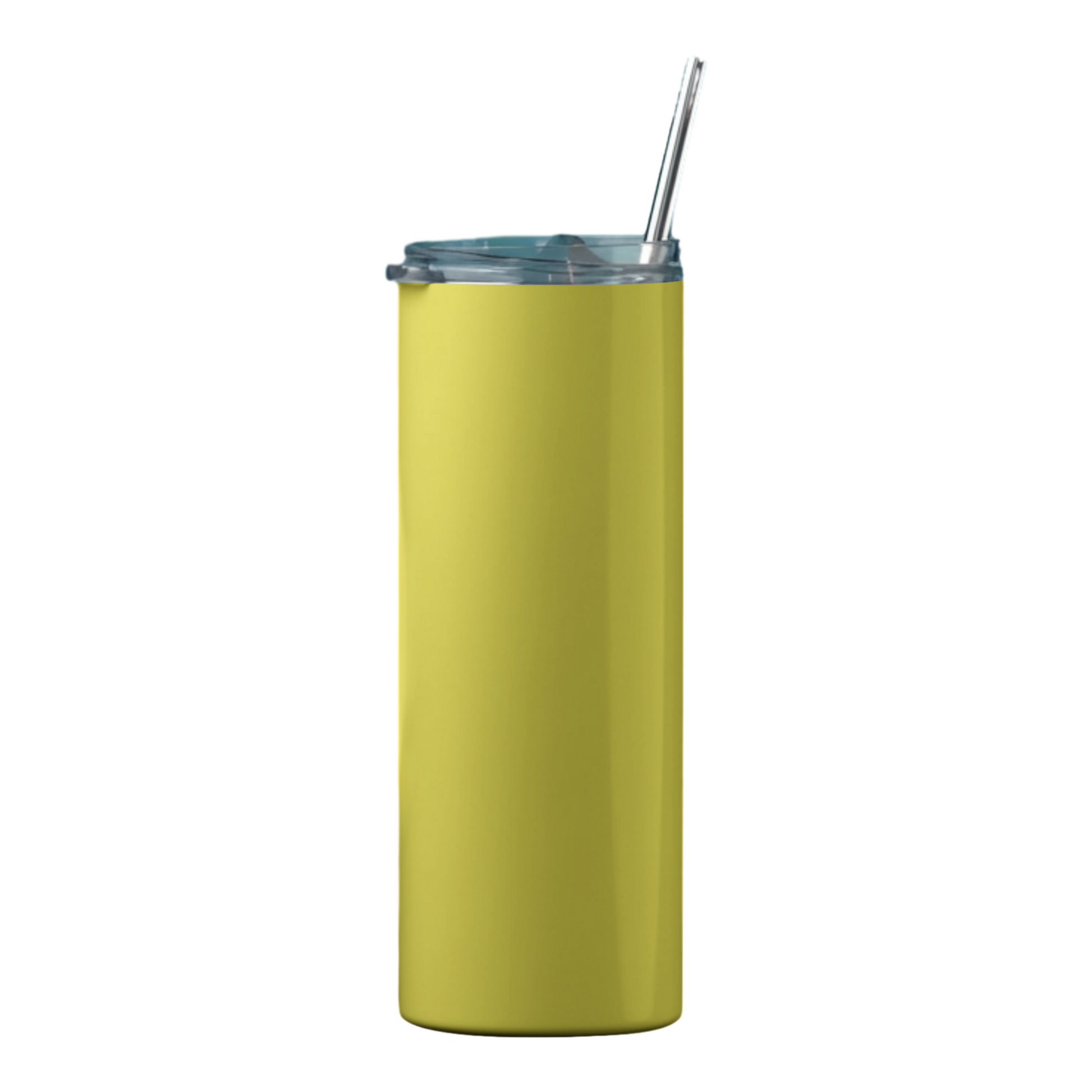 Yellow tumbler with a clear lid and silver straw on a white background