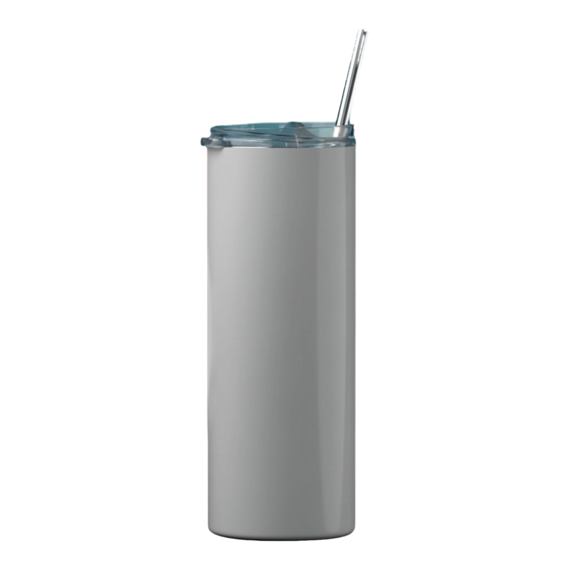 Gray tumbler with a clear lid and silver straw on a white background