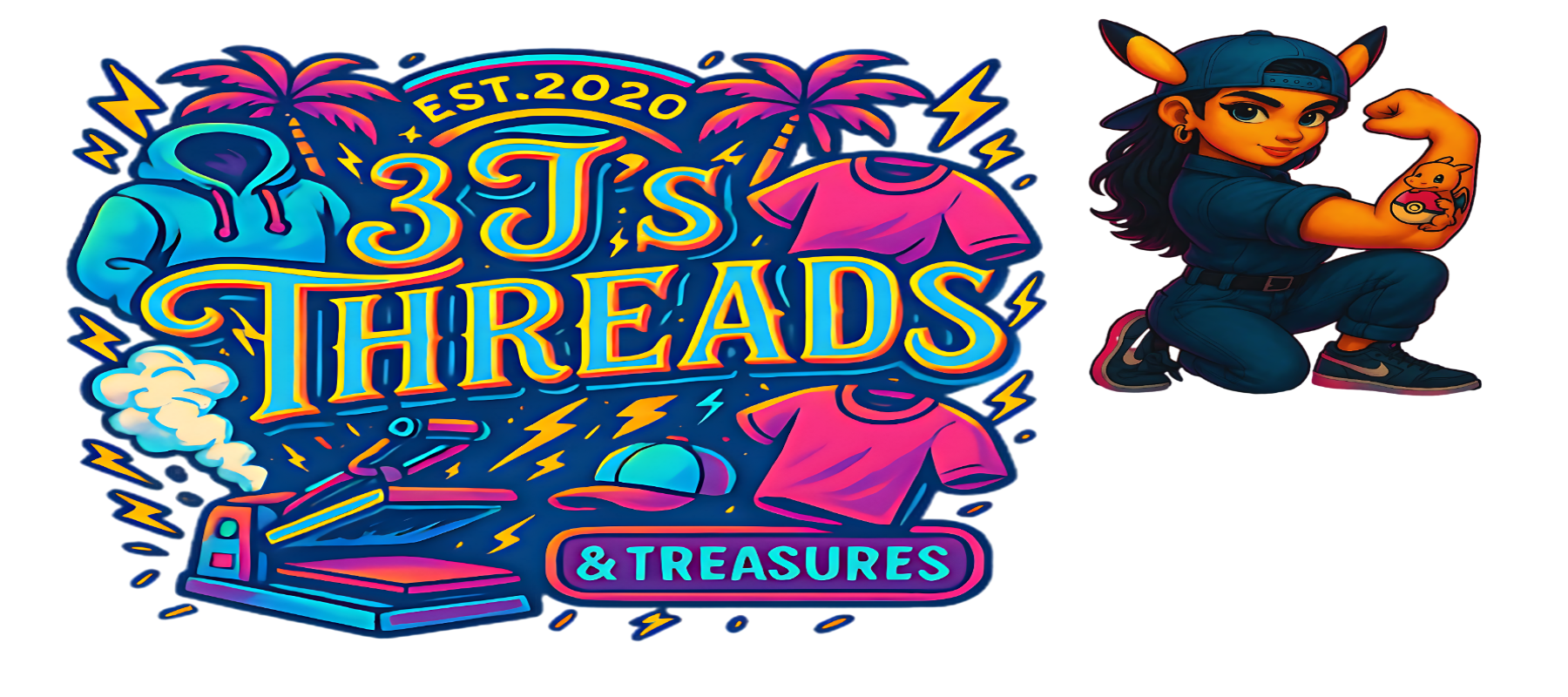 Colorful logo for 3J's Threads & Treasures with a character flexing muscles on a white background.
