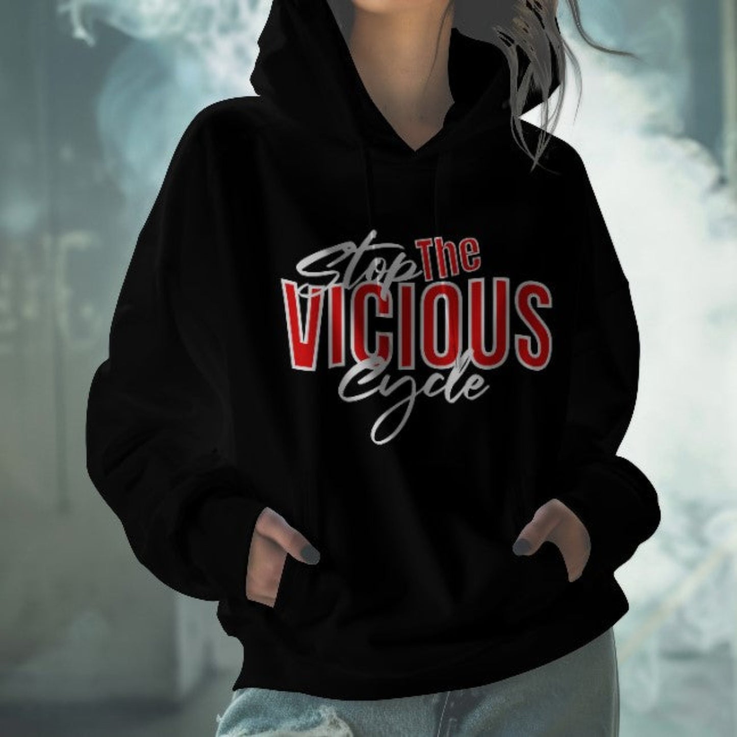 Black hoodie with bold black and red typography that reads “Stop the Vicious Cycle”