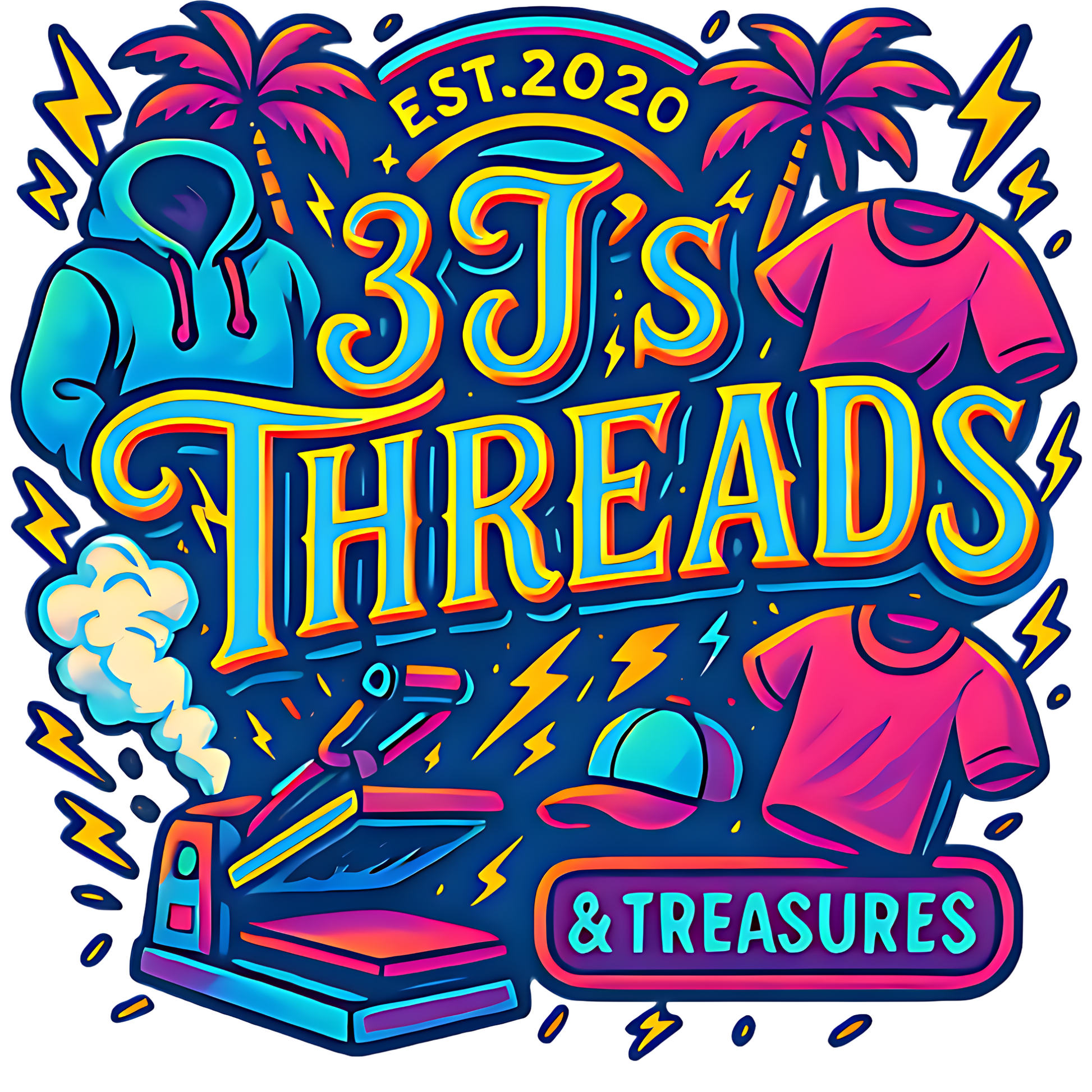 Colorful logo for 3J's Threads & Treasures with text and graphics on a white background