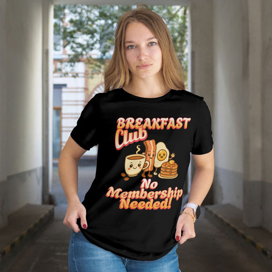 Person wearing a black t-shirt with 'Breakfast Club No Membership Needed!' text and graphics.