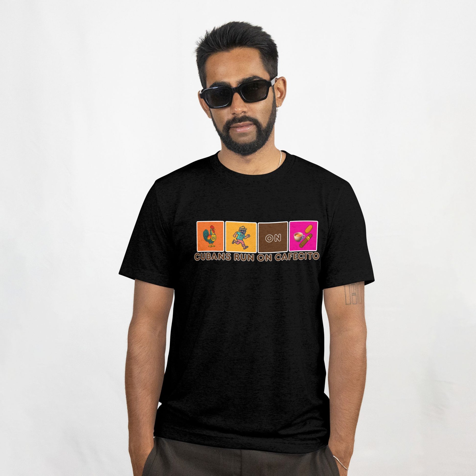 Man wearing a black t-shirt with colorful graphic design on a white background