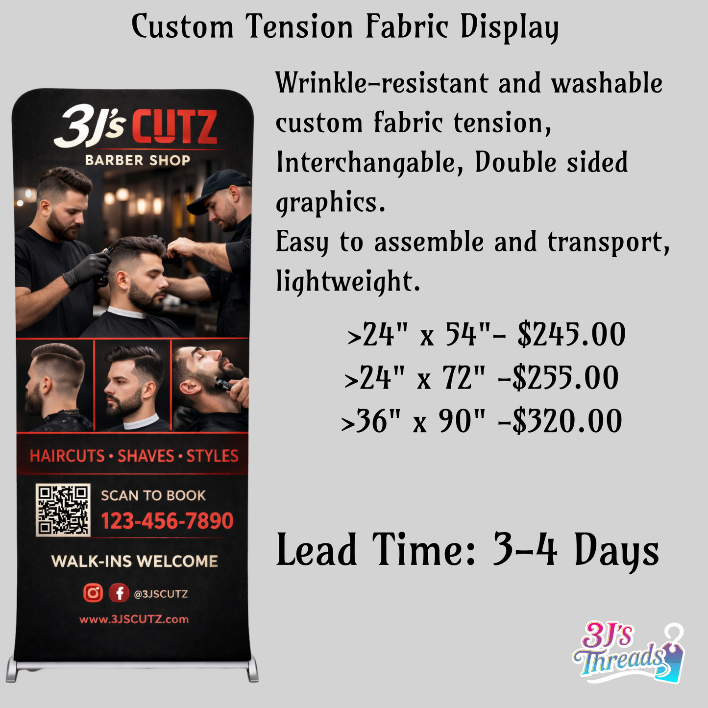 3J's Cutz barber shop banner with text about custom tension fabric display