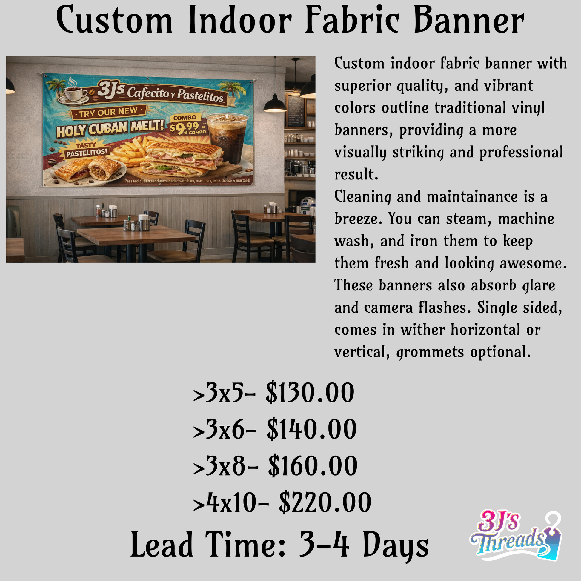 Advertisement for custom indoor fabric banners with pricing and product details.