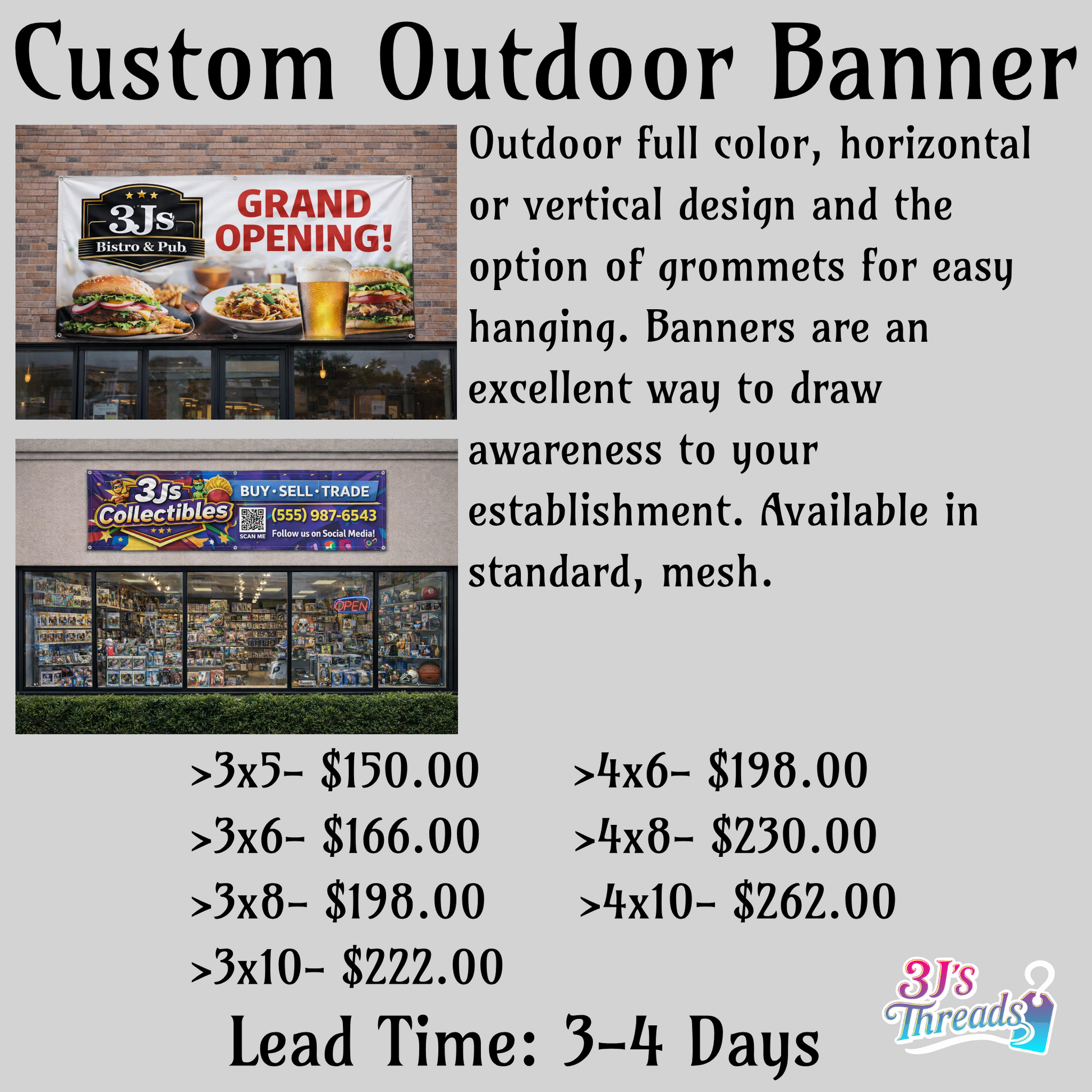 Advertisement for 3J's Threads outdoor banners with pricing and dimensions.
