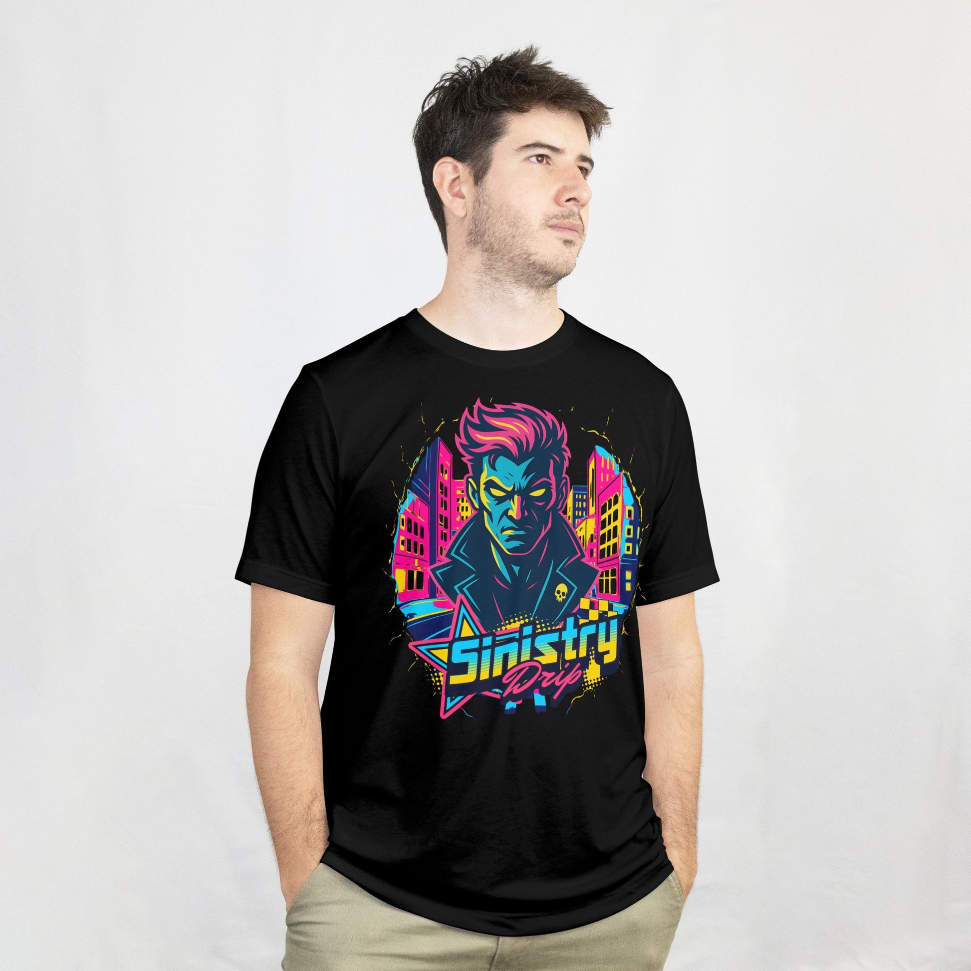 Person wearing a black t-shirt with a colorful graphic design on a white background