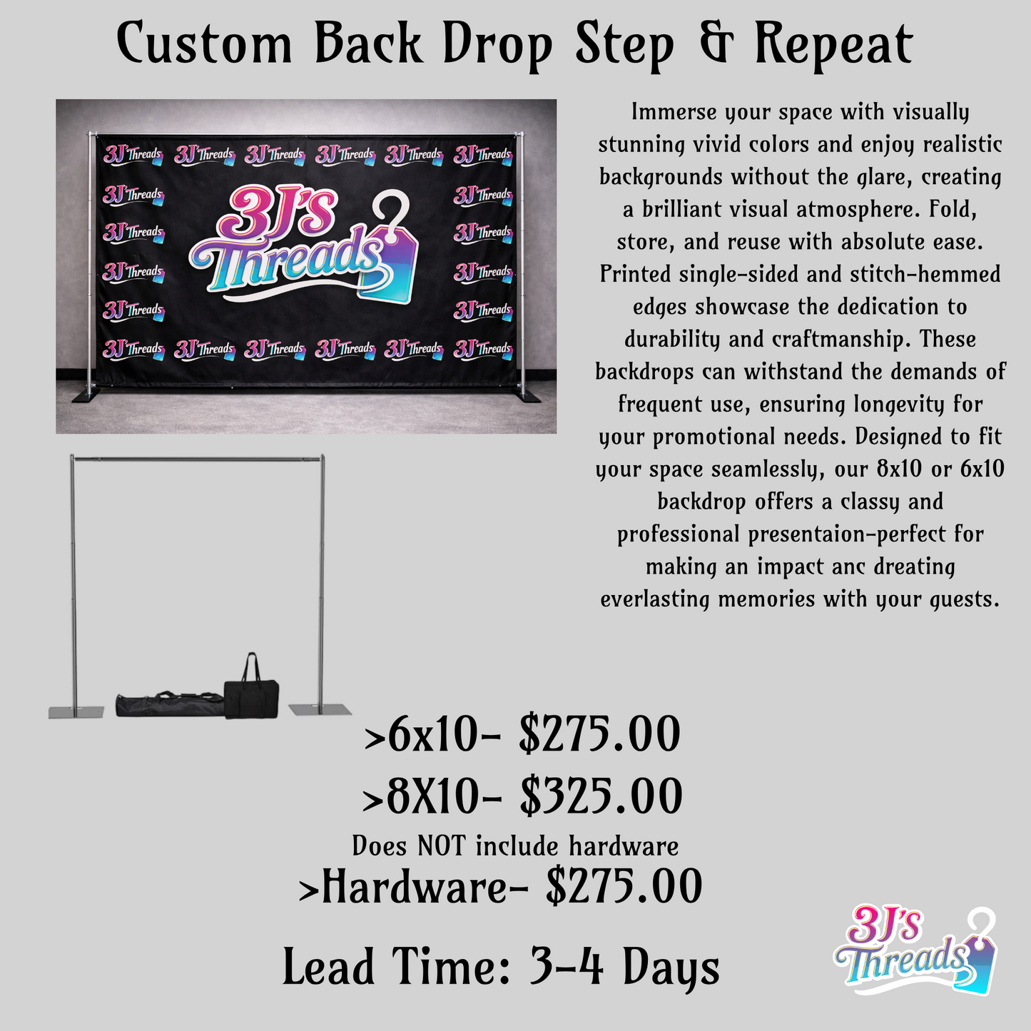 Advertisement for 3J's Threads custom backdrop step and repeat banner with pricing and details.