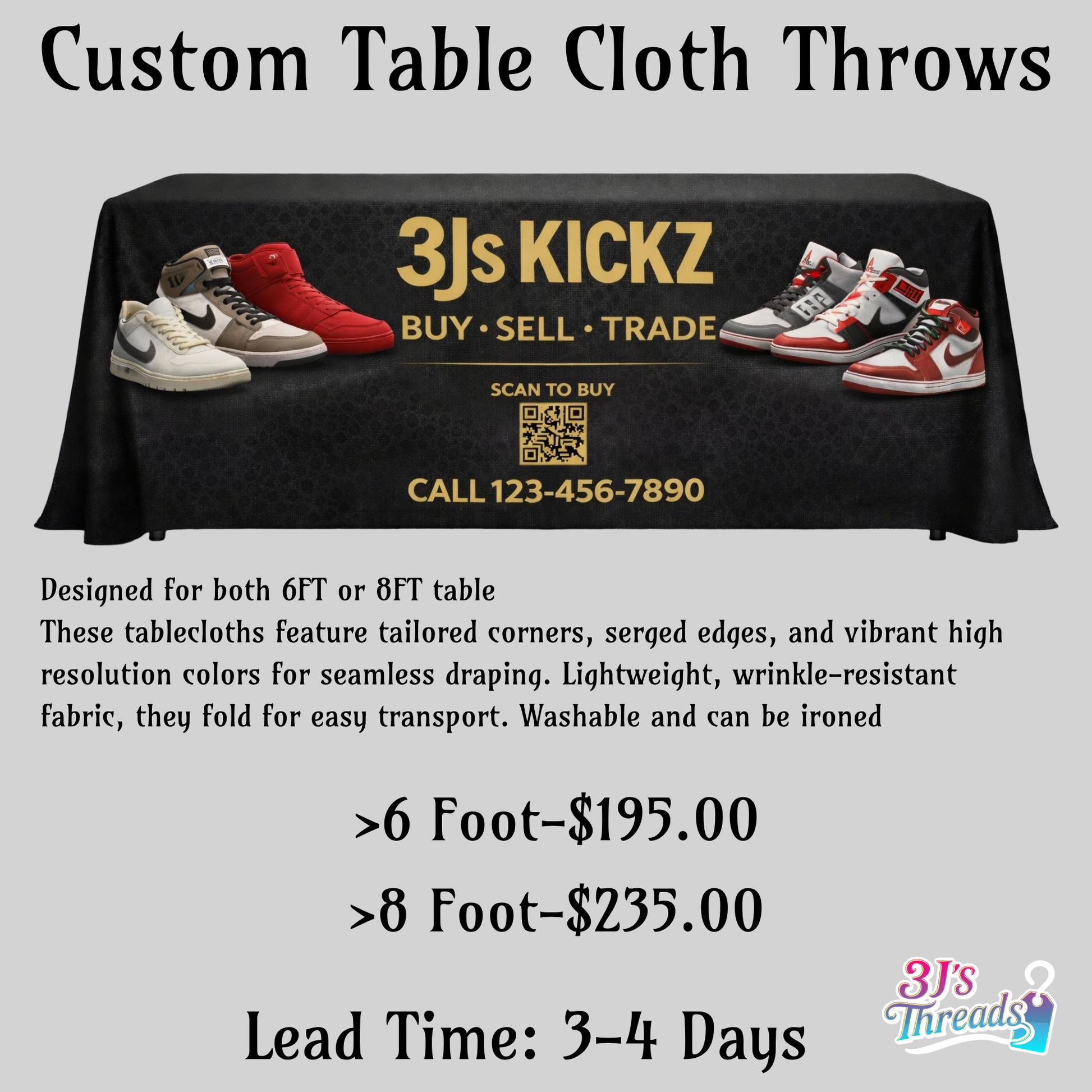 Custom Tablecloth with 3Js Kickz branding and sneaker graphics on a white background